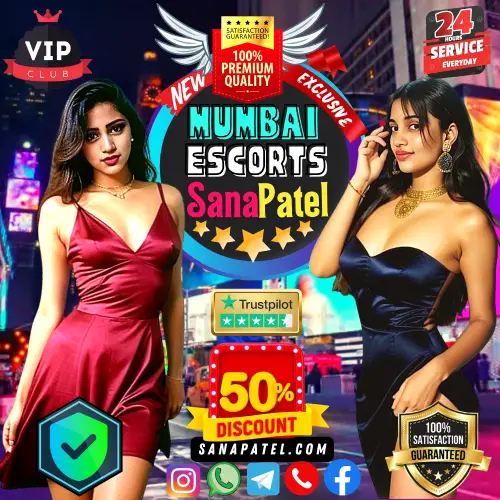 Banner image for Mobile and Tablet Devices of Sana Patel Mumbai Escorts services. In the banner, 2 Mumbai Escorts girls with icons depict 24/7 services, VIP Access, Trusted Website, Customer Privacy Protected, Trustpilot.com 4/5 rated, Service available at 4/5 star hotels and Special Offers - 50% off. Also in the middle a Sexy Girl icon mentioning 100+ Escorts Available.