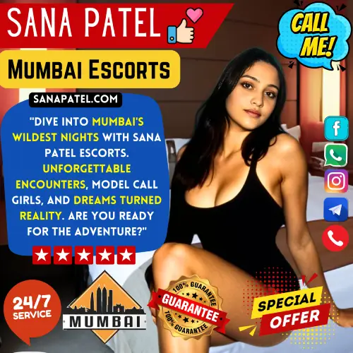 Banner image of Embrace the Night: Your First Encounter with Sana Patel Mumbai Escorts. Posting in the Banner Sana Patel sitting in a Hotel Room Bed with Text Display, Dive into Mumbai's wildest nights with Sana Patel Escorts. Unforgettable encounters, Model call girls, and dreams turned reality. Are you ready for the adventure?