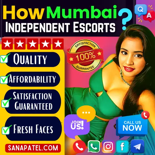 Banner image of How Mumbai independent Escorts Girl when comes to Escorts Services. Posing in the banner a independent Escorts Girl along with the Point for the reason. 1. Quality 2.Affordability 3. Satisfaction  Guaranteed 4. Fresh Faces. Icon Display  5 Star Rating, Join us Now, Call now. Book an Mumbai Indepndent Escorts via Call, Whatsapp, telegram, Instagram or facebook.