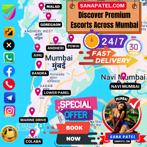 Detailed map of Mumbai showing all areas serviced by Sana Patel's escort services, emphasizing accessibility and quick service.